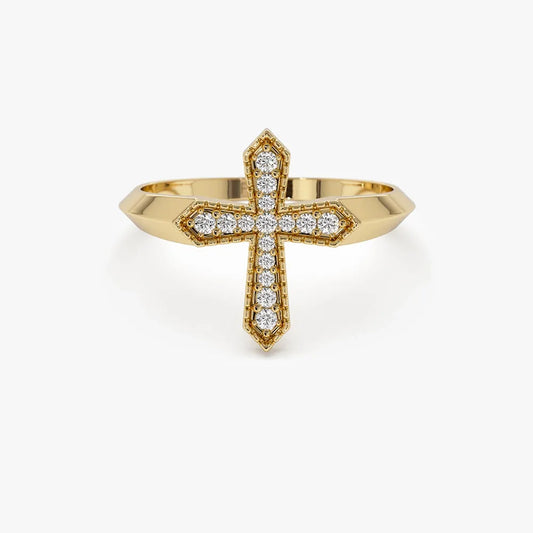 14k Solid Gold Round Cut Diamond 0.18 ctw Cross Ring