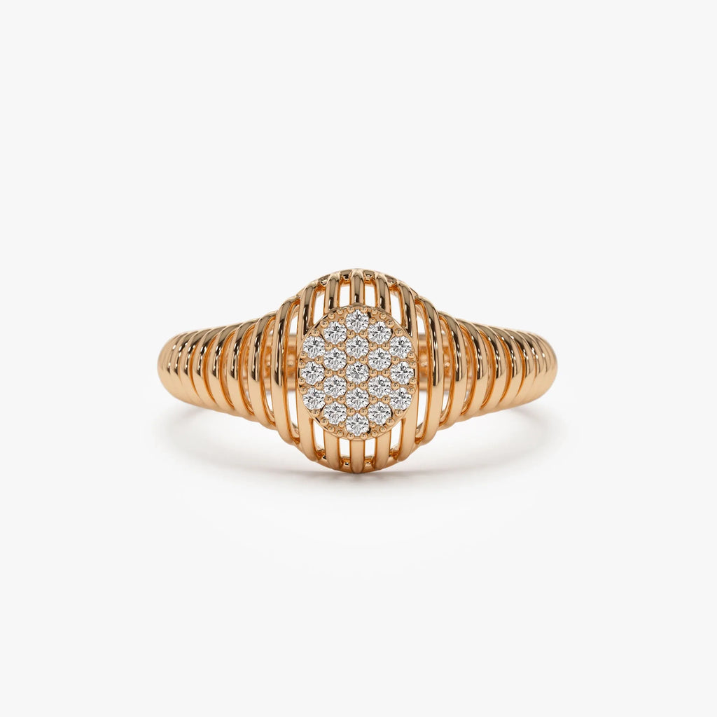 14K Solid Gold Round Diamond 0.10 Carat Ribbed Oval Signet Ring