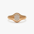 14K Solid Gold Round Diamond 0.10 Carat Ribbed Oval Signet Ring