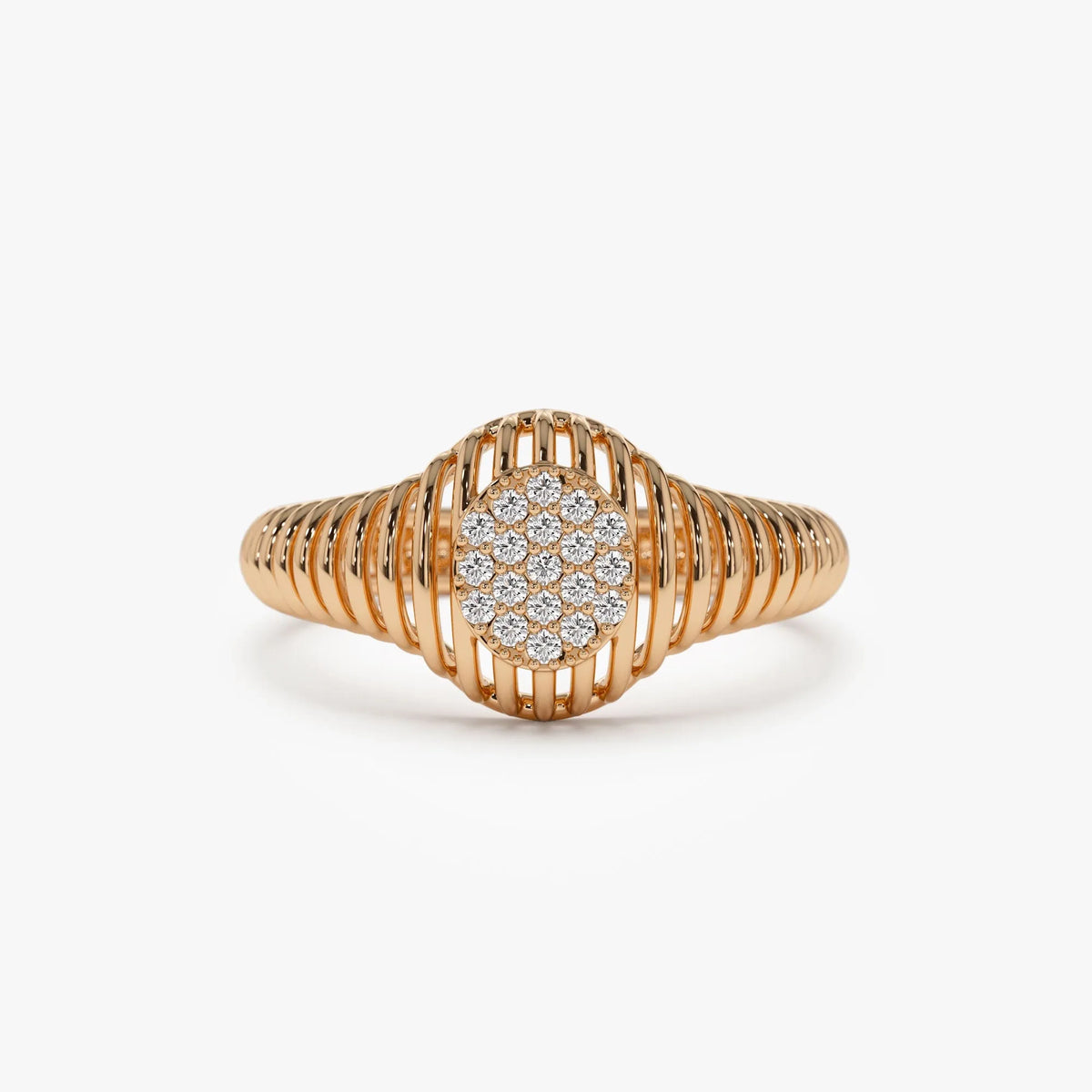 14K Solid Gold Round Diamond 0.10 Carat Ribbed Oval Signet Ring