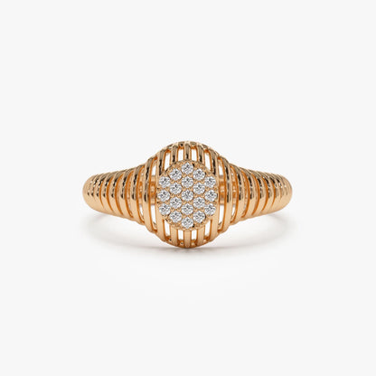 14K Solid Gold Round Diamond 0.10 Carat Ribbed Oval Signet Ring