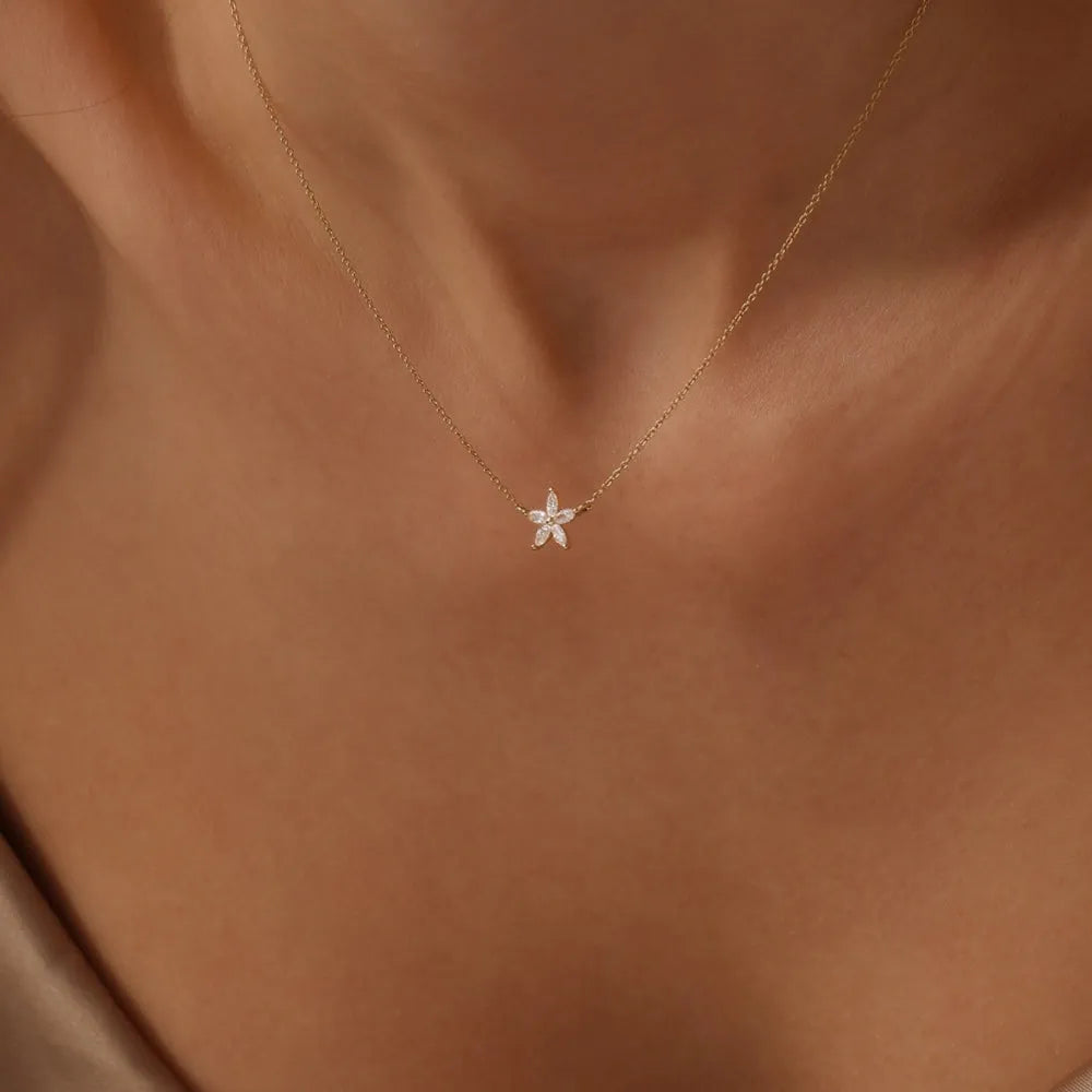 14K Solid Gold Marquise Diamond Flower Pendant Necklace 0.32ctw