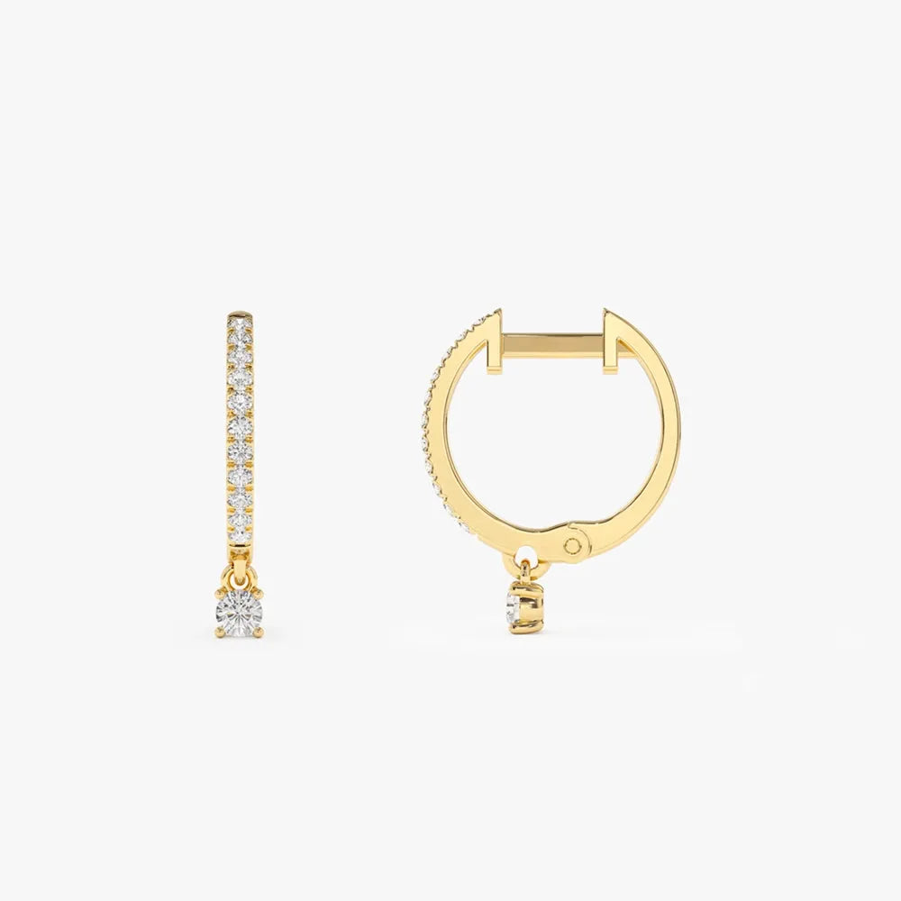 14k Gold Diamond Round Cut Dangling Huggie Earrings Prong Micro Pave 0.23 ctw