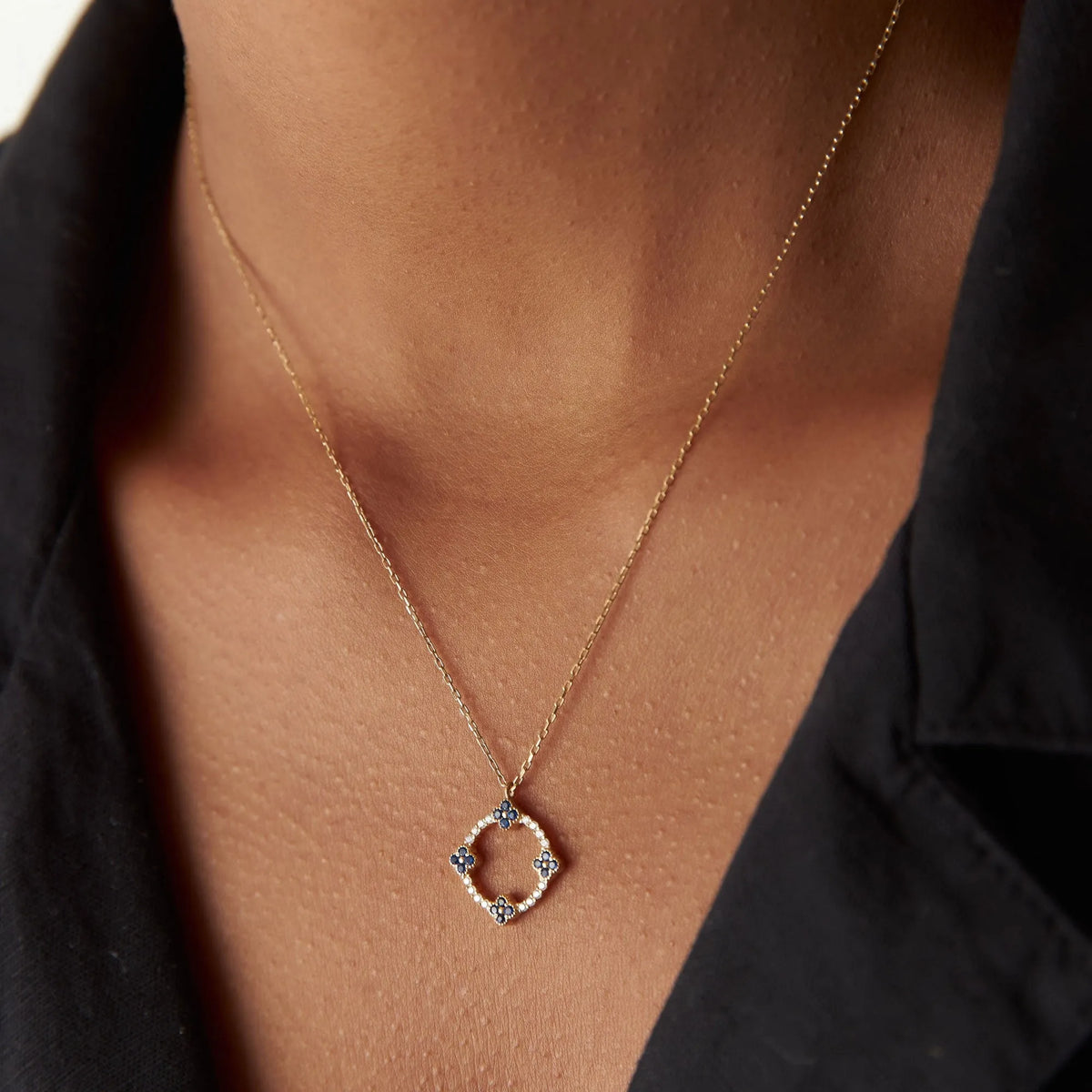 14k Solid Gold Sapphire and Diamond Round Clover Necklace 0.33 Carat