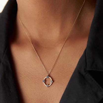 14k Solid Gold Sapphire and Diamond Round Clover Necklace 0.33 Carat