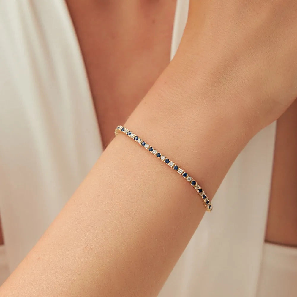 14k Gold Round Diamond and Sapphire 4 Prong Tennis Bracelet
