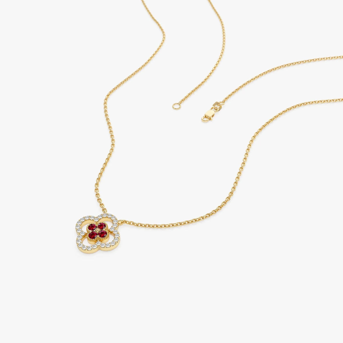 14k Solid Gold Ruby and Diamond Round Clover Halo Necklace 0.24 Carat