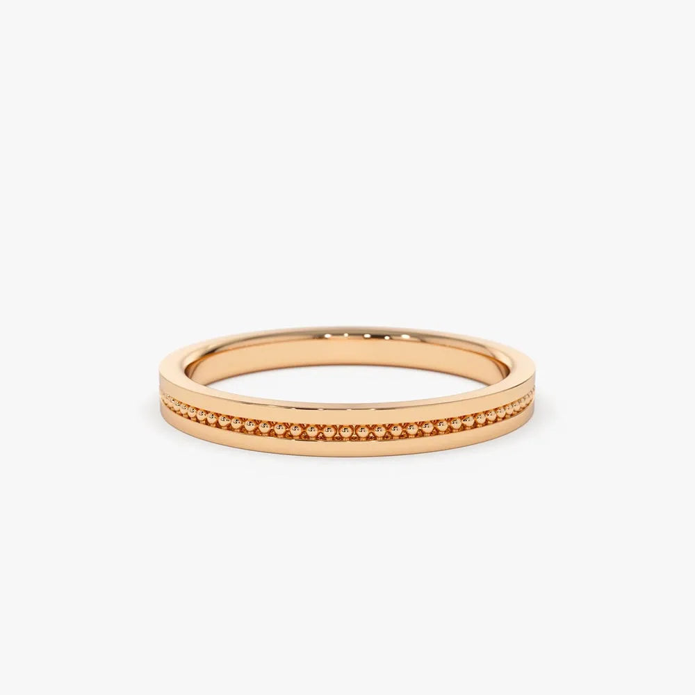 14K Solid Gold 2mm Beaded Stacking Wedding Band Ring