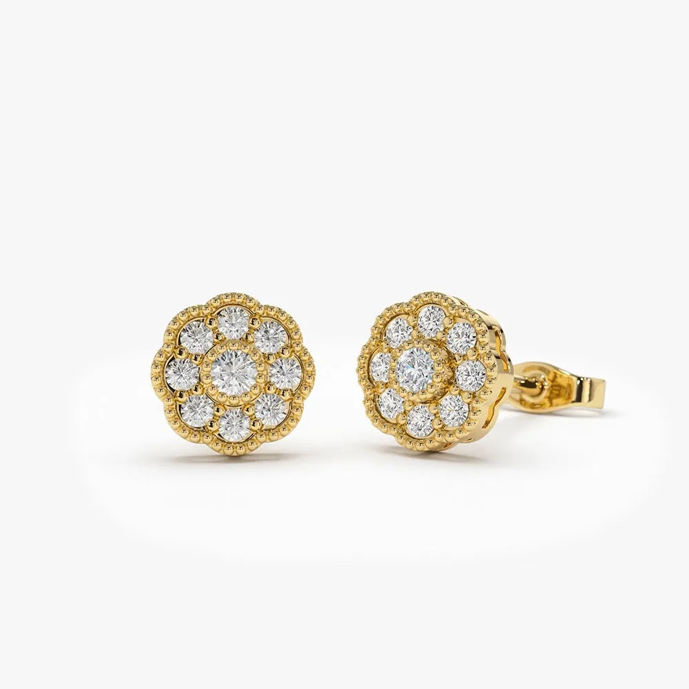 14k Gold Diamond Round Cut Floral Star Stud Earrings 0.30 ctw