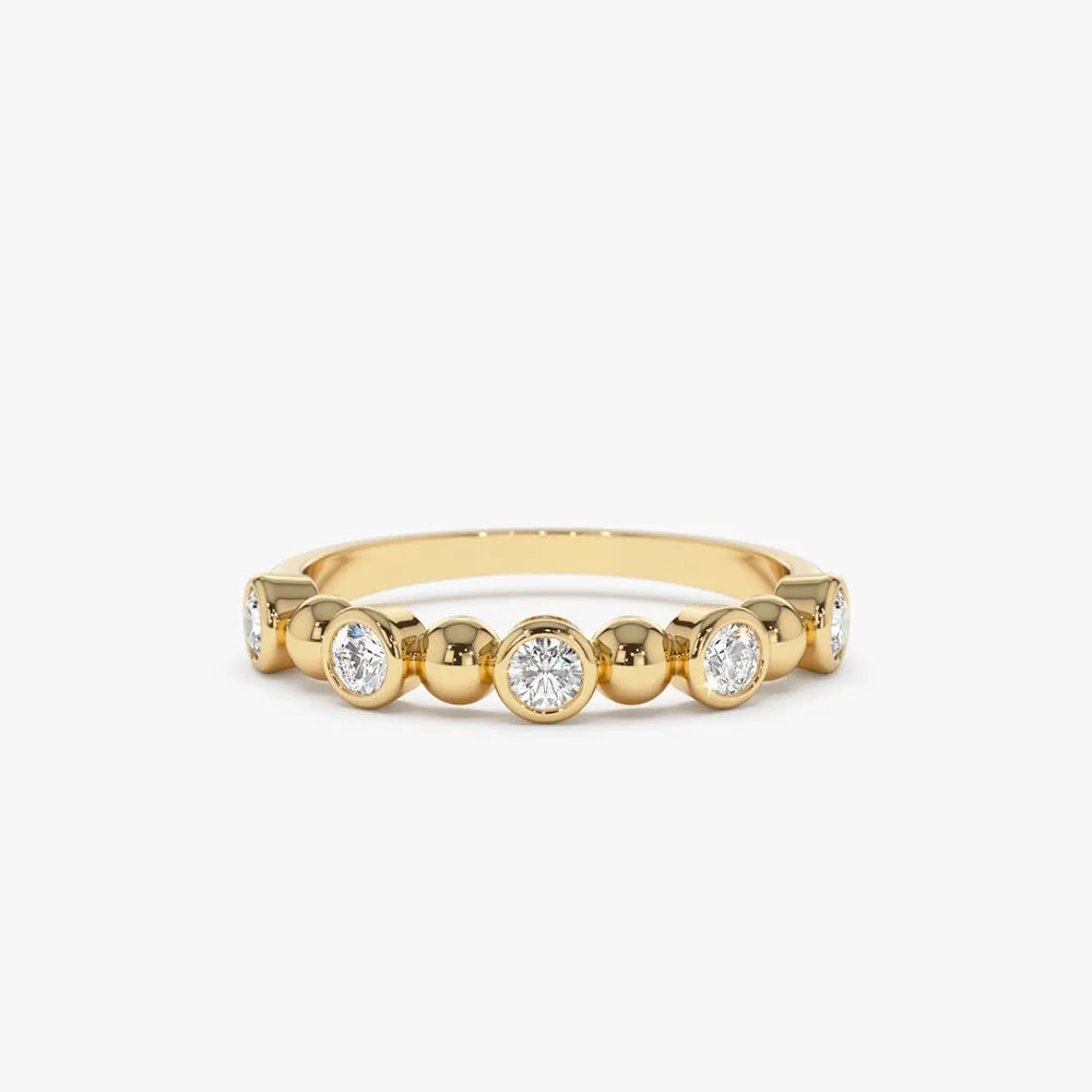 14k Gold Diamond Round Cut Alternating Beads and Bezel Setting Ring 0.50 ctw