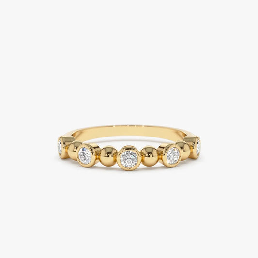 14k Gold Diamond Round Cut Alternating Beads and Bezel Setting Ring 0.50 ctw
