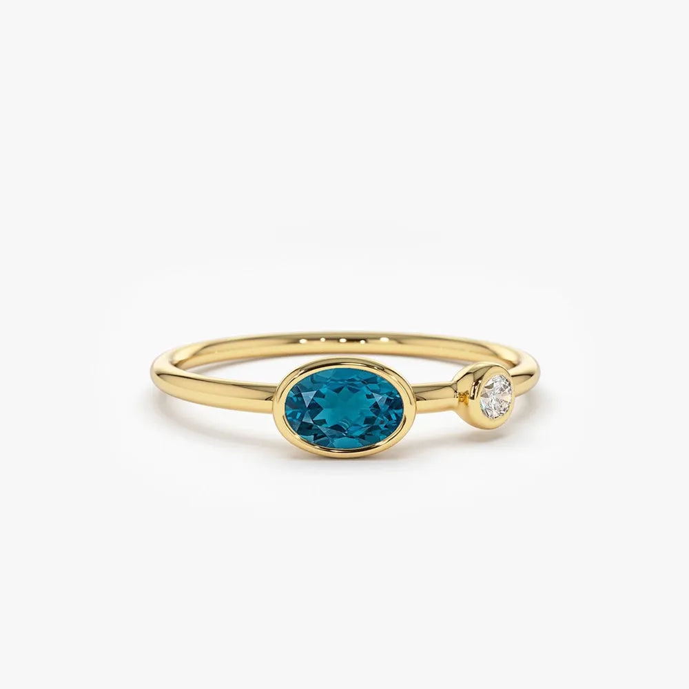 14K Solid Gold Oval London Blue Topaz and Diamond 0.59ctw Bezel Set Ring