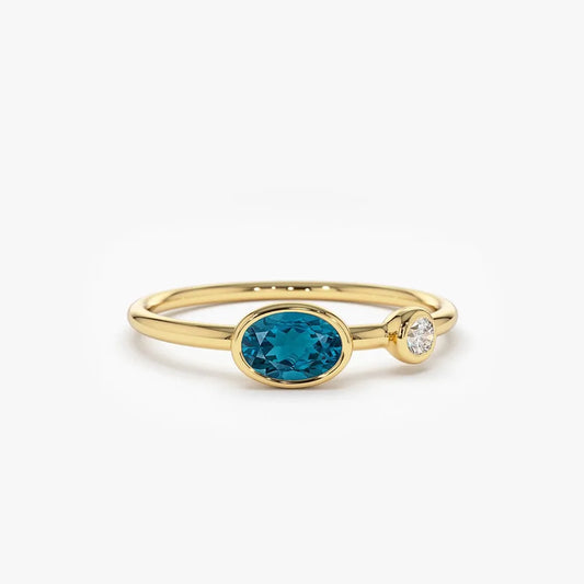 14K Solid Gold Oval London Blue Topaz and Diamond 0.59ctw Bezel Set Ring