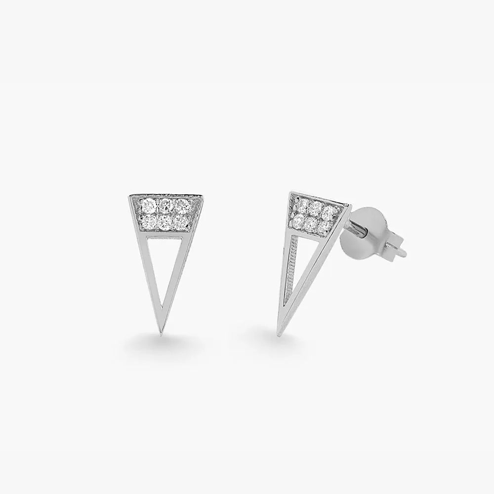 14k Gold Diamond Round Cut Elongated Triangle Stud Earrings Micro Pave 0.14 ctw
