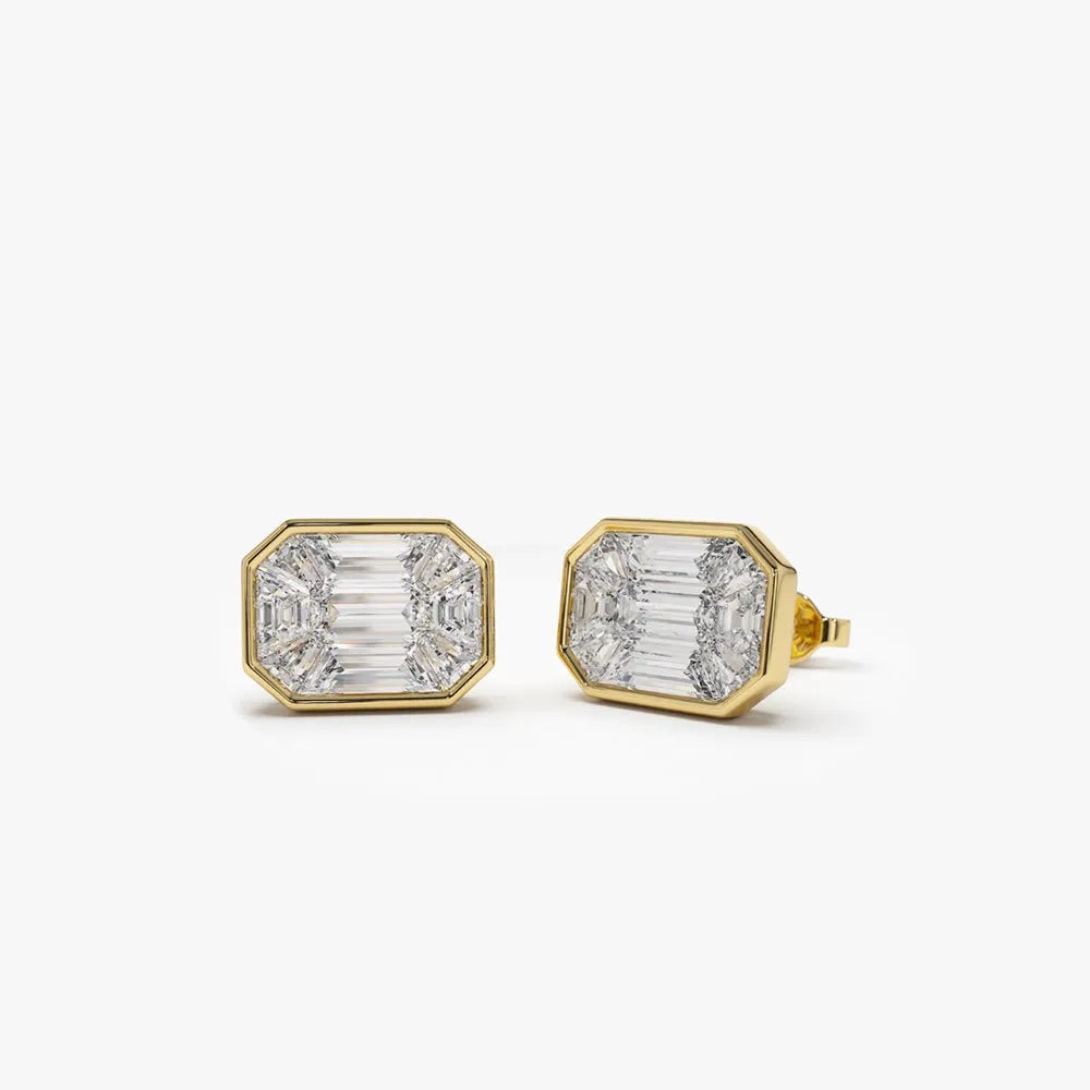 14k Gold Diamond Baguette Step Cut Mosaic Illusion Stud Earrings Invisible Bezel 0.80 ctw