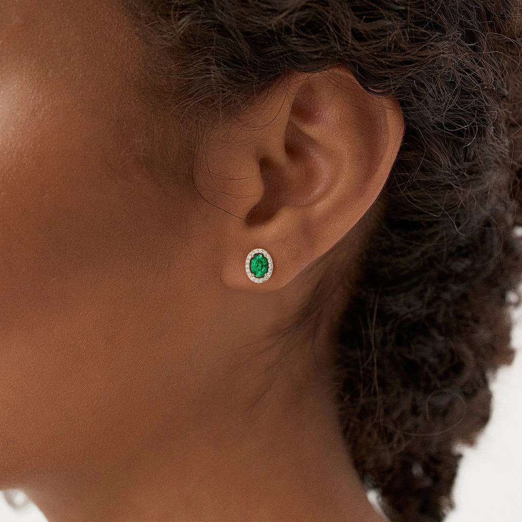 14k Gold Lab Grown Colombian Emerald and Lab Grown Diamond Oval Cut Halo Stud Earrings 1.86 ctw