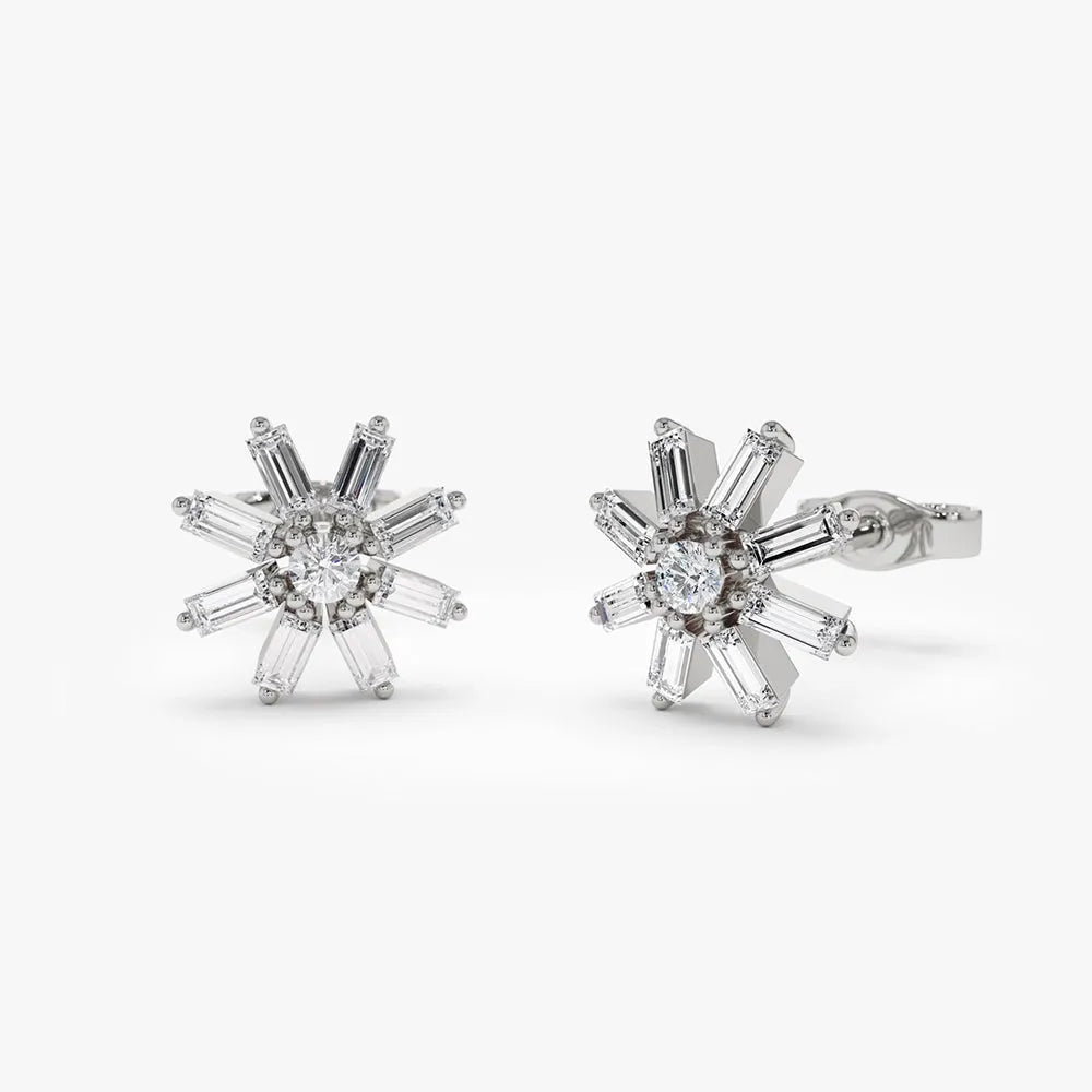 14k Gold Diamond Baguette and Round Cut Floral Stud Earrings 0.45 ctw
