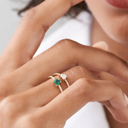 14K Solid Gold Heart Shaped Emerald and Round Diamond Ring 0.41 CTW Handcrafted Jewelry