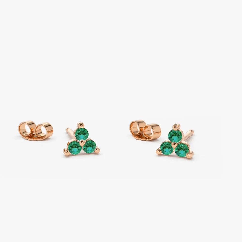 14K Solid Gold Round Emerald Trio Stud Earrings 0.14ctw Prong Setting