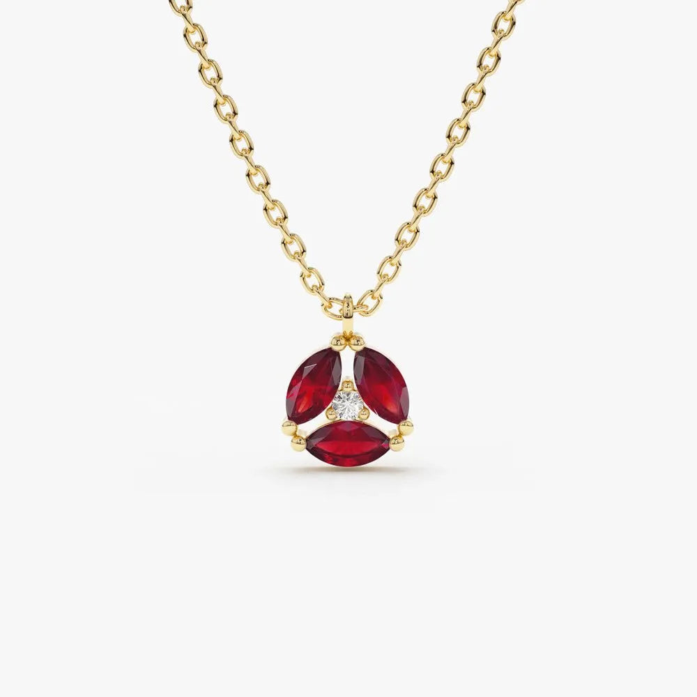 14k Solid Gold Ruby and Diamond Marquise Cluster Necklace 0.33 Carat Prong Setting