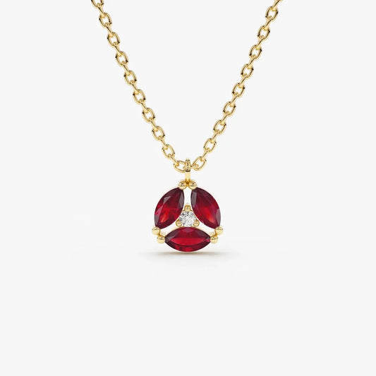 14k Solid Gold Ruby and Diamond Marquise Cluster Necklace 0.33 Carat Prong Setting