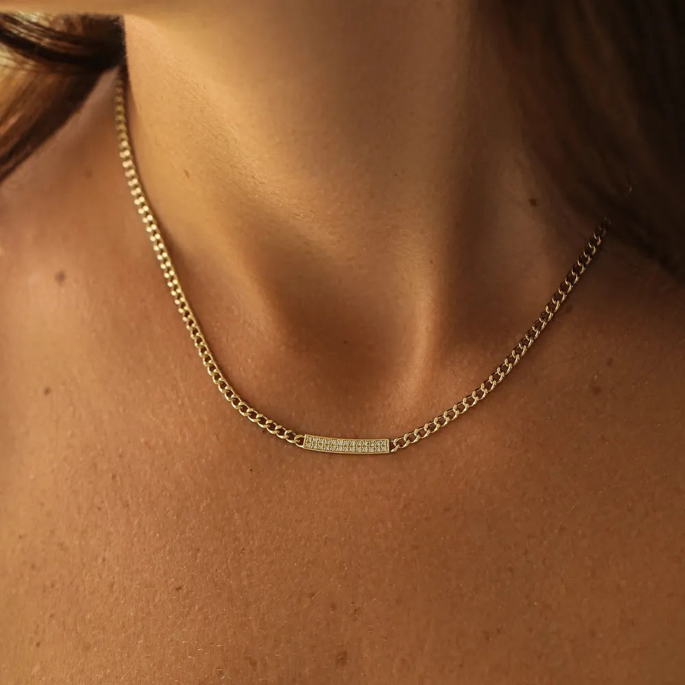 14K Solid Gold Round Diamond Pave Curb Link Bar Necklace 0.30ctw