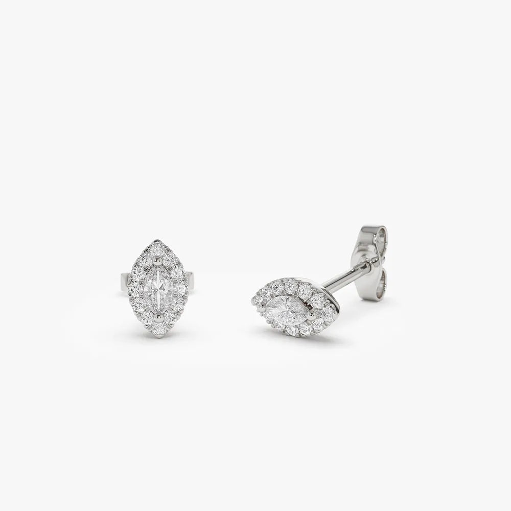 14k Gold Diamond Marquise Cut Halo Stud Earrings Micro Pave 0.25 ctw