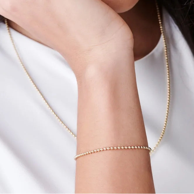 14k Solid Gold 2mm Beaded Ball Chain Bracelet