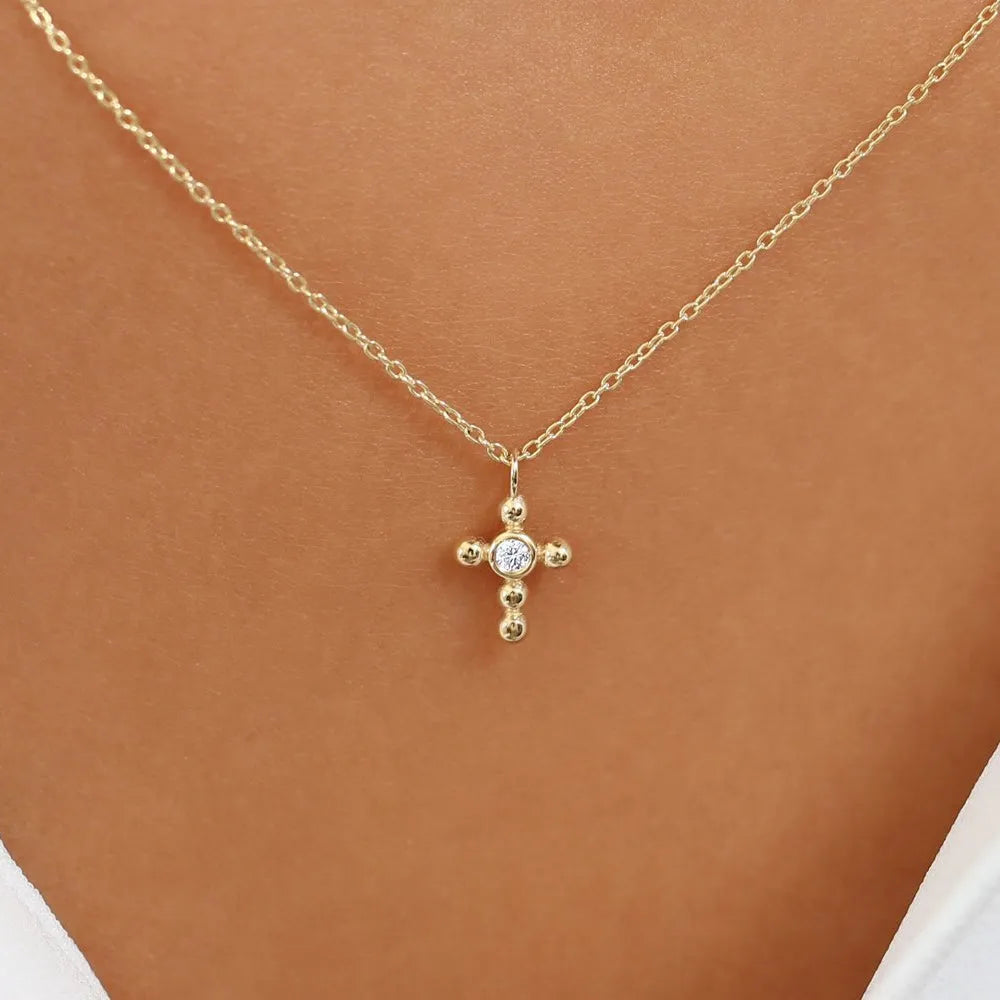 14K Solid Gold Round Diamond Tiny Ball Cross Pendant Necklace Bezel Set 0.03ctw