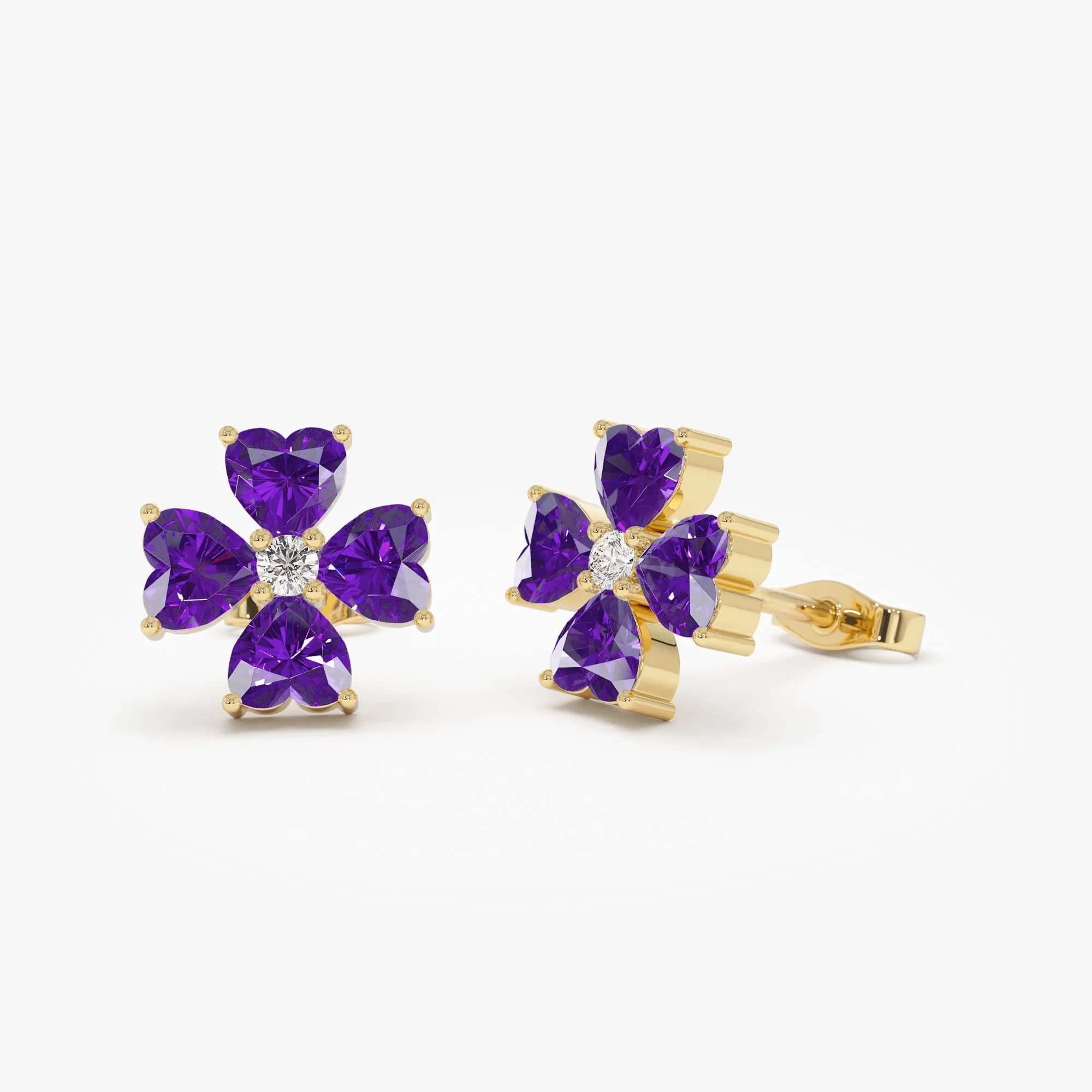 14K Solid Gold Heart Shaped Amethyst and Diamond Four Leaf Clover Stud Earrings