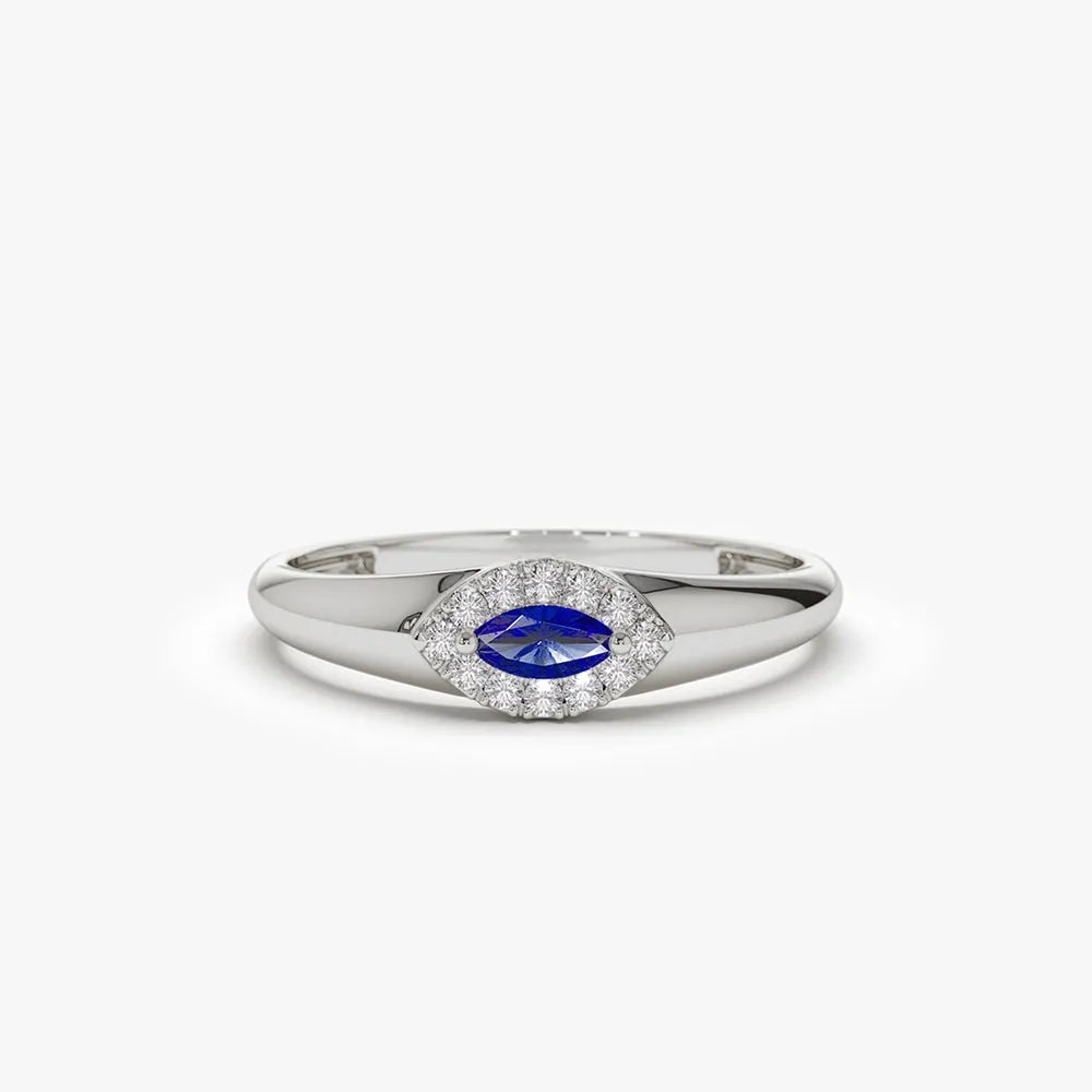 14k Gold Sapphire and Diamond Marquise and Round Cut Halo Ring 0.19 ctw