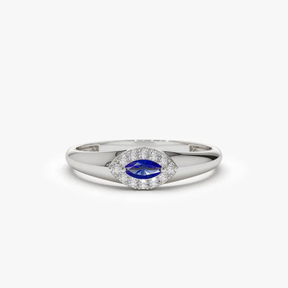 14k Gold Sapphire and Diamond Marquise and Round Cut Halo Ring 0.19 ctw