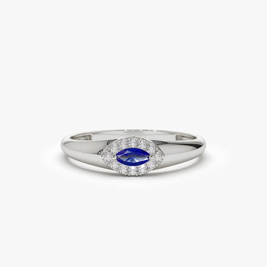14k Gold Sapphire and Diamond Marquise and Round Cut Halo Ring 0.19 ctw