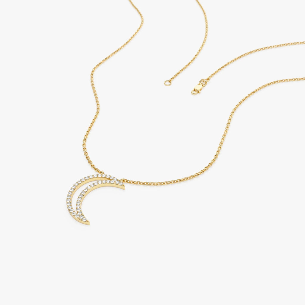 14K Solid Gold 0.15 CTW Round Diamond Moon Outline Necklace