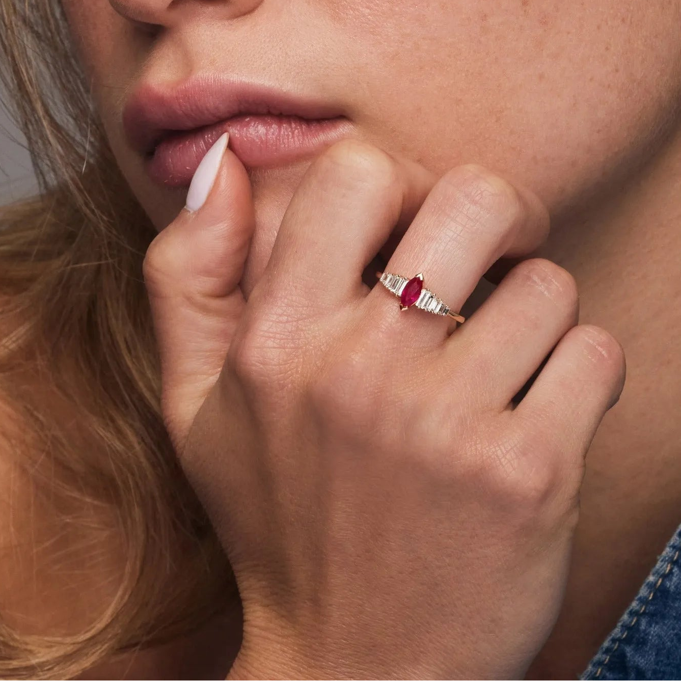 14k Gold Ruby and Diamond Marquise and Baguette Cut Ring 0.78 ctw