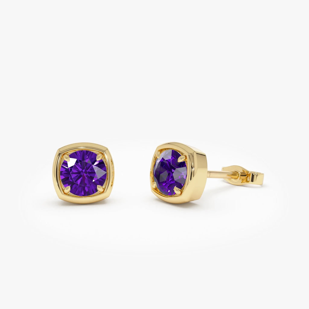14K Solid Gold Round Amethyst Cushion Shaped Stud Earrings 0.95ctw