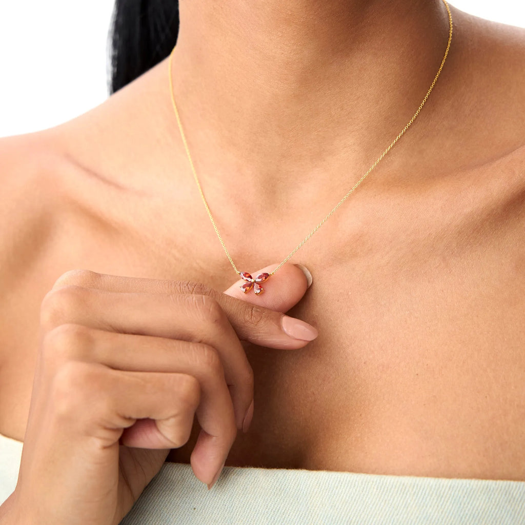 14k Solid Gold Garnet Pear and Marquise Butterfly Necklace 1.25 Carat