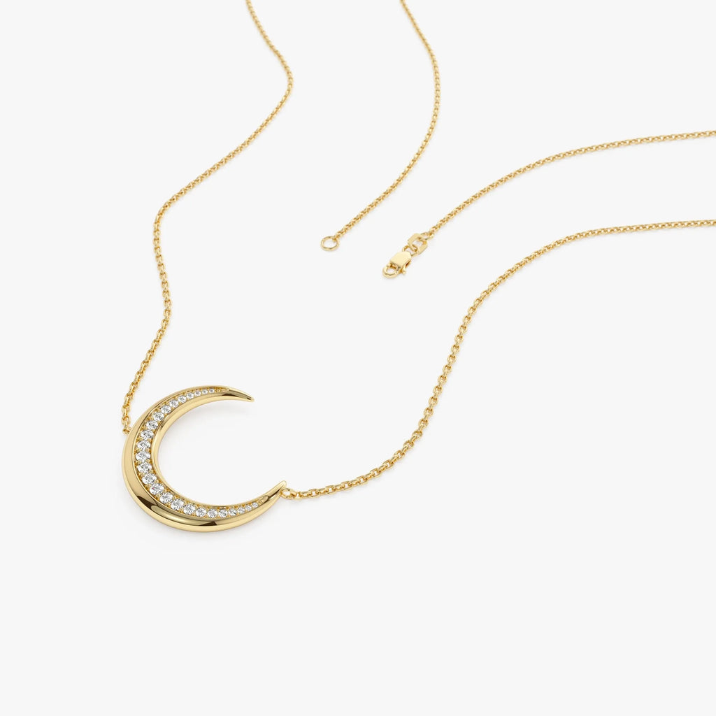 14K Solid Gold 0.25 CTW Round Diamond Large Crescent Moon Necklace
