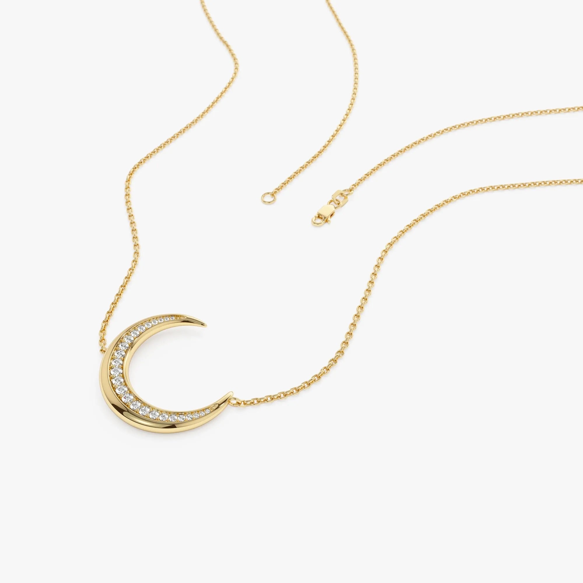 14K Solid Gold 0.25 CTW Round Diamond Large Crescent Moon Necklace