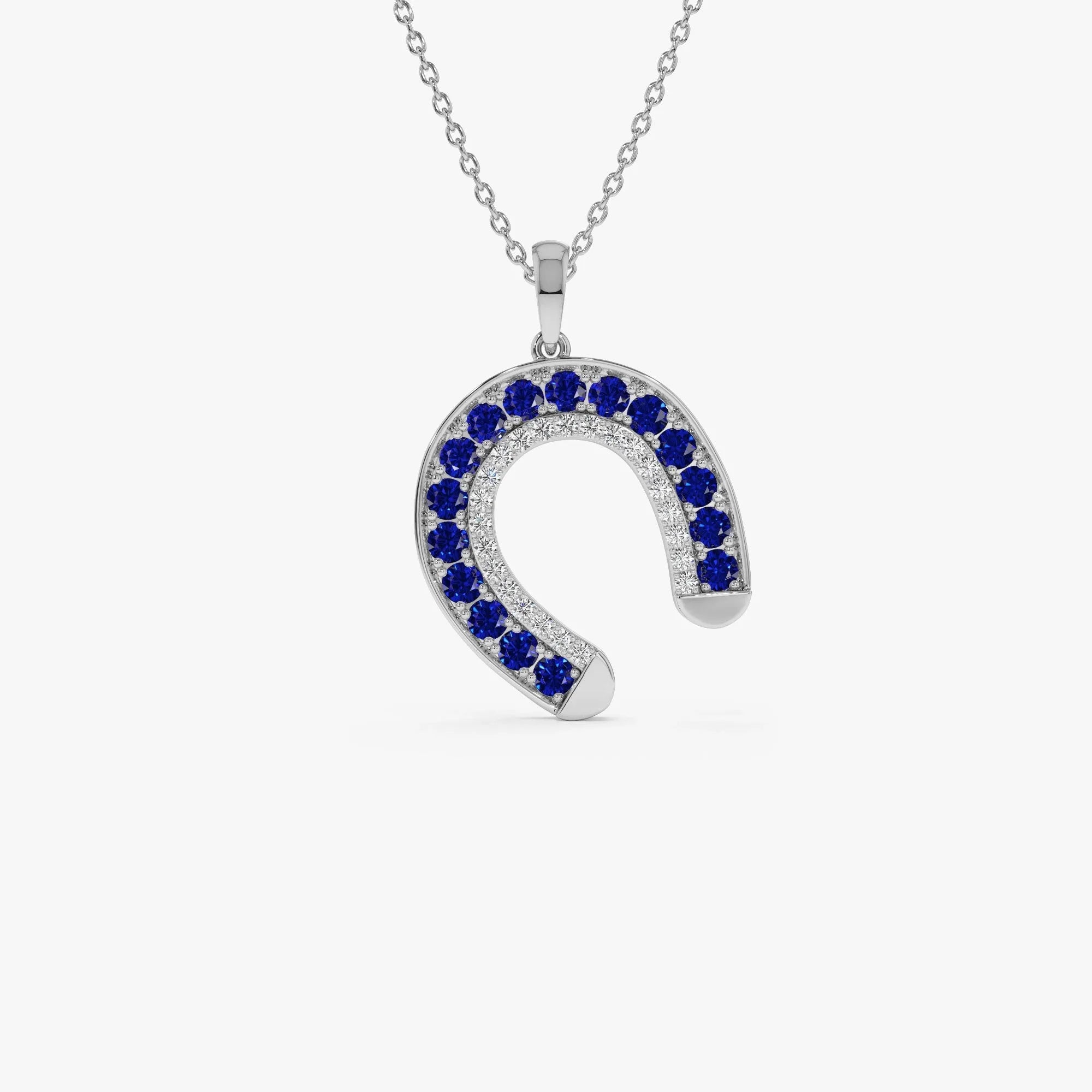 14k Solid Gold Sapphire and Diamond Round Horseshoe Pendant 0.72 Carat