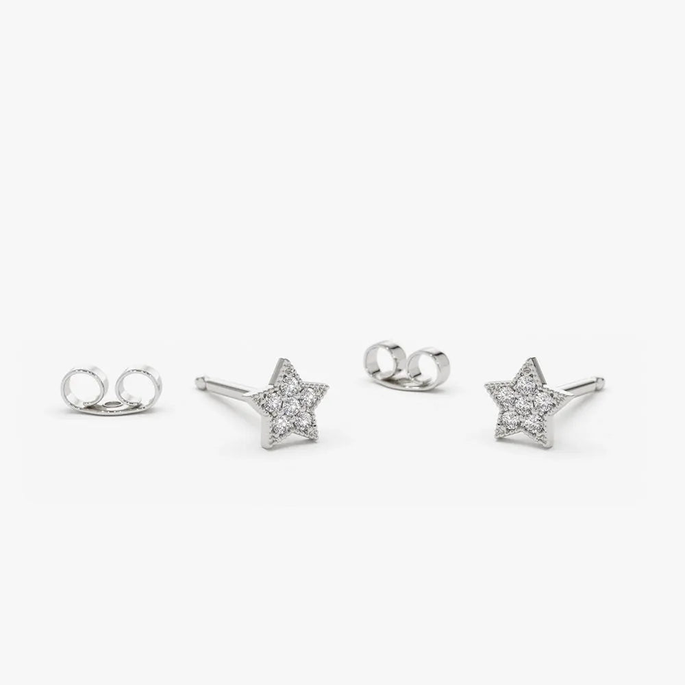 14k Gold Diamond Round Cut Star Stud Earrings Micro-Pave 0.10 ctw