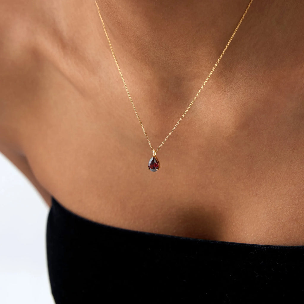 14k Solid Gold Garnet Pear Shaped Solitaire Necklace 0.81 Carat