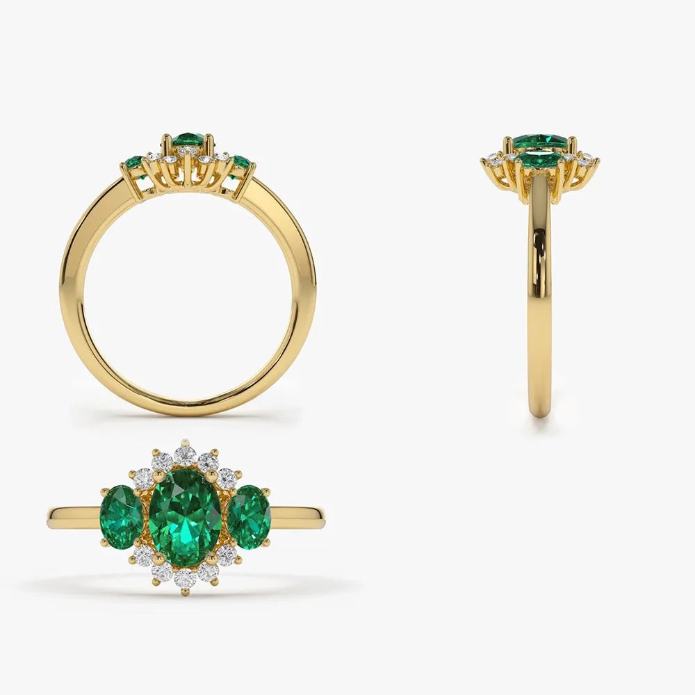 14K Gold Oval Emerald and Round Diamond Three Stone Cluster Ring 1.06 CTW