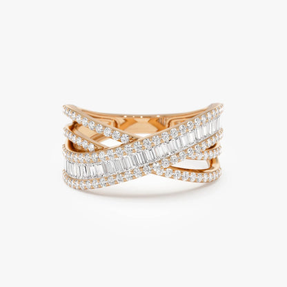 14k Solid Gold Baguette and Round Diamond 0.85 Carat Multi Row Criss Cross Band Ring