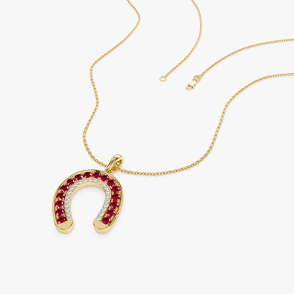 14k Solid Gold Ruby and Diamond Round Horseshoe Pendant 0.87 Carat