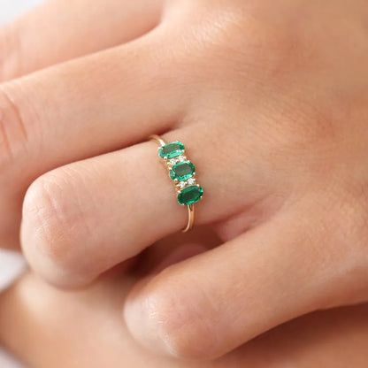 14K Solid Gold Triple Oval Emerald and Round Diamond Ring 0.70 CTW Handcrafted Jewelry