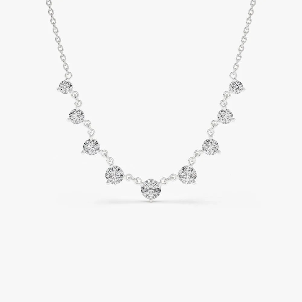 14K Solid Gold Round Diamond Graduating Necklace Prong Setting 1.05ctw