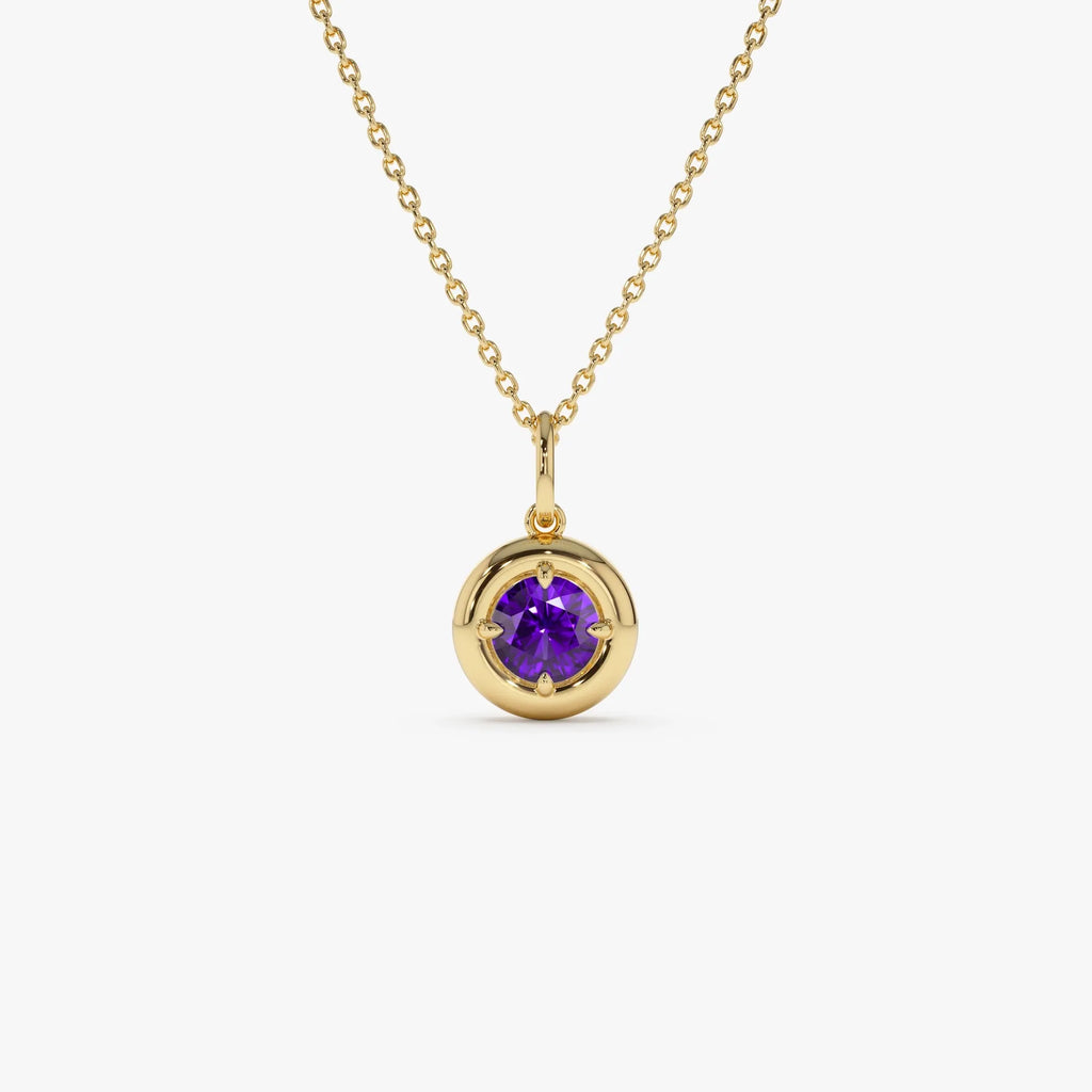 14k Solid Gold Round Amethyst Charm Necklace 0.50 Carat Prong Setting