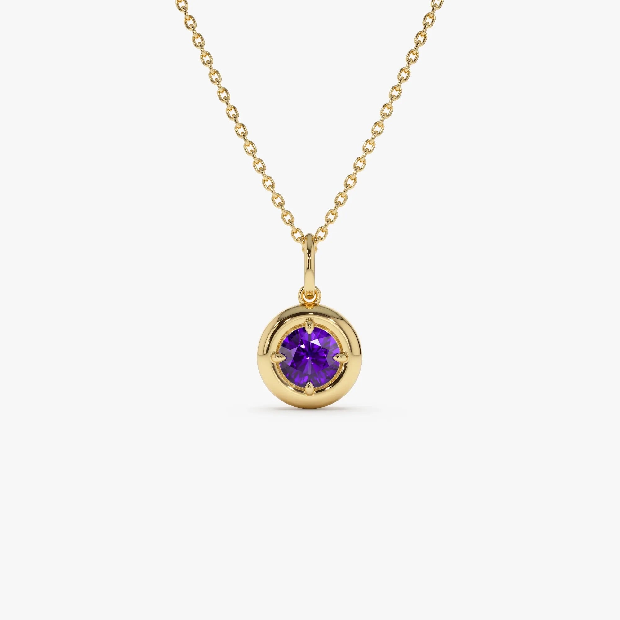 14k Solid Gold Round Amethyst Charm Necklace 0.50 Carat Prong Setting