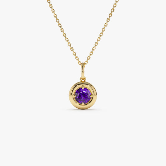 14k Solid Gold Round Amethyst Charm Necklace 0.50 Carat Prong Setting